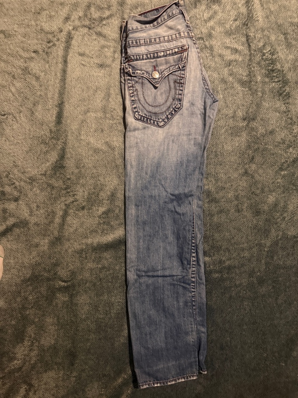 True Religion “World Tour” Men's Straight Jeans Light Blue Wash Red/Brown Stitch - Picture 6 of 8